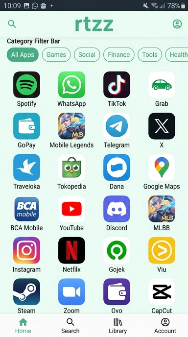 rtzz — Halaman Indeks Aplikasi Populer dan Kanal Uji